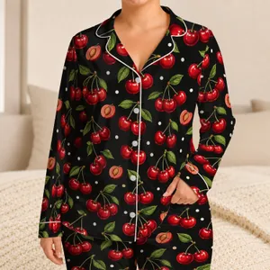 Glossy Red Cherry Motifs for Summer Getaways and Relaxed Weekend Lounging at Home Satin Pajamas Set