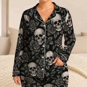 Skull And Rose Motifs for Halloween Nights and Alternative Everyday Style Lovers Satin Pajamas Set