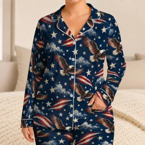 Patriotic Stars And Soaring Eagle For Fourth Of July Beach Days And Summer Getaways Satin Pajamas Set