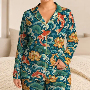 Koi Fish And Lotus Waves For Serene Coastal Getaways And Relaxed Evenings Satin Pajamas Set