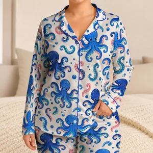 Blue Octopus Ocean Art for Coastal Getaways and Relaxed Summer Escapes Satin Pajamas Set