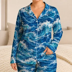 Blue Ocean Waves and Sea Foam for Coastal Getaways, Summer Relaxation, and Beach Lovers Satin Pajamas Set