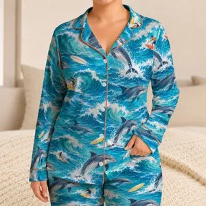 Leaping Dolphins Riding Ocean Waves for Tropical Summer Surf and Beach Getaways Satin Pajamas Set