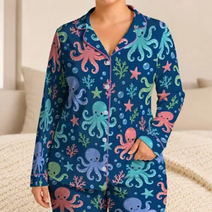 Playful Octopus And Starfish Ocean Motifs For Relaxed Coastal Getaways And Summer Days Satin Pajamas Set