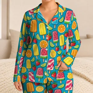 Colorful Popsicles and Fresh Fruit for Cheerful Summer Holiday Lounging Satin Pajamas Set