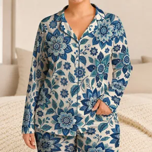 Blue Mandala Floral Motifs for Relaxed Coastal Evenings and Weekend Lounge Style Satin Pajamas Set