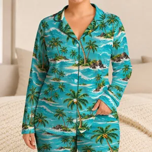 Tropical Palm Trees and Ocean Waves for Relaxed Island Getaways and Beachside Lounging Satin Pajamas Set