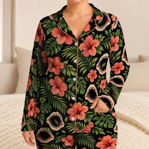 Tropical Hibiscus, Palm Fronds and Shark Jaws for Relaxed Coastal Summer Evenings Satin Pajamas Set
