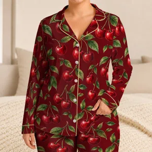 Red Cherry and Green Leaf Motif for Relaxed Summer Lounging and Beach Days Satin Pajamas Set