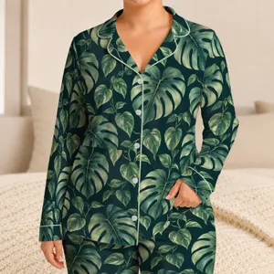 Mint Monstera And Pothos Leaves For Tropical Getaways And Relaxed Summer Days Satin Pajamas Set