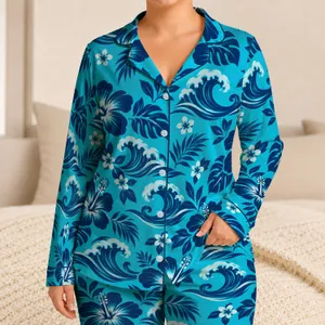 Turquoise Hibiscus And Ocean Wave Motifs For Relaxed Tropical Getaways And Coastal Living Satin Pajamas Set