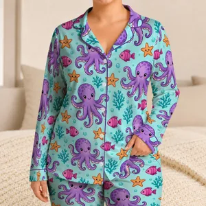Purple Octopus And Starfish Undersea Motifs For Relaxed Summer Coastal Getaways For Men Satin Pajamas Set