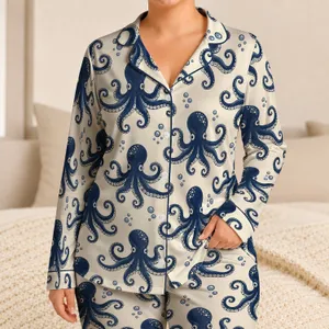 Navy Octopus Ocean Motifs for Relaxed Coastal Getaways and Summer Escapes Satin Pajamas Set