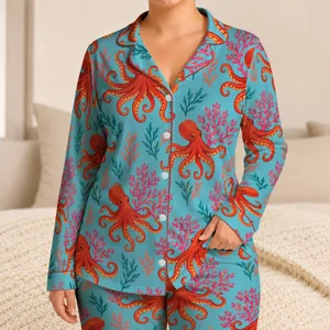 Red Octopus and Pink Coral Ocean Motifs for Tropical Escapes and Summer Relaxation Satin Pajamas Set