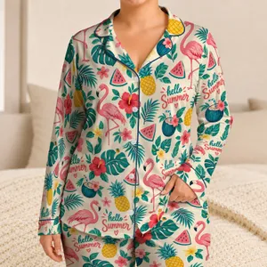 Tropical Flamingos, Pineapples And Watermelons For Relaxed Summer Beach Getaways Satin Pajamas Set
