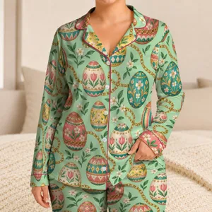 Ornamental Easter Eggs and Gold Chains for Cheerful Spring Holidays and Vacation Satin Pajamas Set