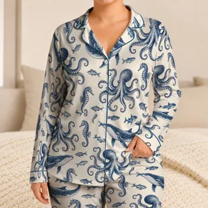 Navy Octopus and Sea Life for Coastal Getaways and Relaxed Ocean-Inspired Living Satin Pajamas Set