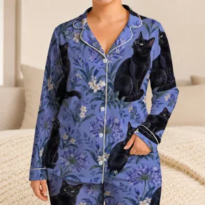 Black Cat Among Violet Flowers for Relaxed Coastal Evenings and Cozy Cat Lovers Everywhere Satin Pajamas Set