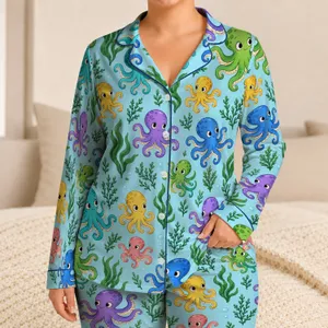 Colorful Cartoon Octopus and Seaweed for Playful Coastal Summer Surfing Days Satin Pajamas Set
