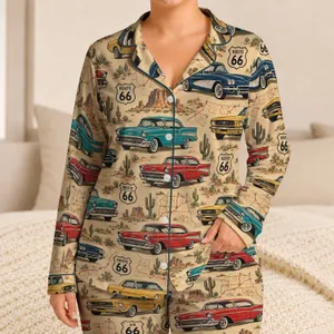 Vintage Route 66 Classic Cars for Cozy Road Trip Nights and Retro Americana Fans Satin Pajamas Set