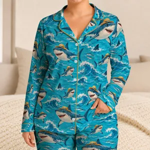 Straw Hat Sharks And Turquoise Waves For Sunny Coastal Getaways And Ocean Lovers Satin Pajamas Set