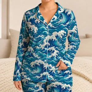 Japanese Ocean Waves in Deep Blue for Relaxed Coastal Getaways and Summer Escapes Satin Pajamas Set