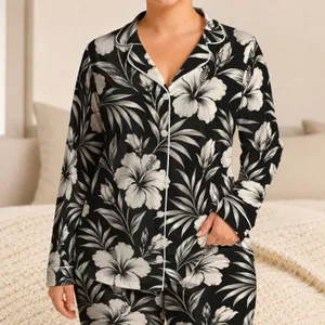 White Hibiscus and Tropical Leaves for Relaxed Island Getaways and Summer Escapes Satin Pajamas Set