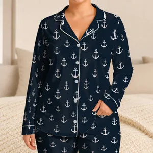 Nautical White Anchor Motifs for Relaxed Coastal Lounging and Easy Weekend Getaways Satin Pajamas Set