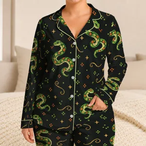 Pixelated Green Snake Motifs for Retro Arcade Nights and Relaxed Weekend Style Satin Pajamas Set