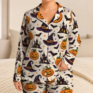 Pumpkin Wizard Hats, Bats & Jack-O'-Lanterns for Cozy Halloween Nights at Home Satin Pajamas Set