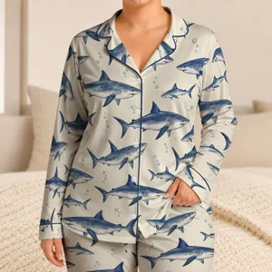 Navy Shark Ocean Motifs for Relaxed Coastal Nights and Easygoing Beach Getaways Satin Pajamas Set