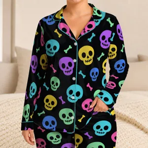 Colorful Cartoon Skulls for Halloween Lounging and Playful Everyday Comfort Satin Pajamas Set