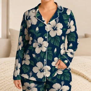 Navy Hibiscus and Tropical Flowers for Relaxed Beach Vacations and Island Getaways Satin Pajamas Set