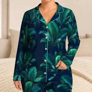 Emerald Teal Feather Clusters for Relaxed Evenings and Cozy Nights Satin Pajamas Set