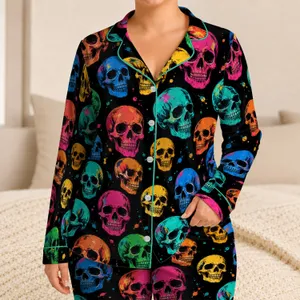 Colorful Neon Skull Art for Beach Vacations and Bold Streetwear Style Satin Pajamas Set