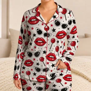 Red Lips and Cat-Eye Sunglasses for Playful Lounging and Relaxed Weekends Satin Pajamas Set