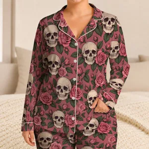 Skull and Rose Motif for Cozy Gothic Lounging and Relaxed Evenings Satin Pajamas Set