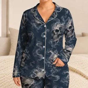 Surreal Smoke Skull Motifs for Alternative Lounge Style and Dark Aesthetic Fans Satin Pajamas Set