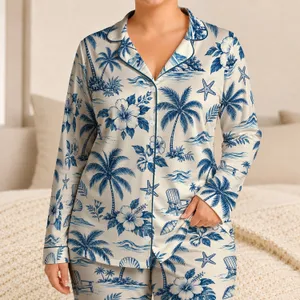 Blue Coastal Palms and Seashells for Relaxed Island Getaways and Sunny Beach Escapes Satin Pajamas Set