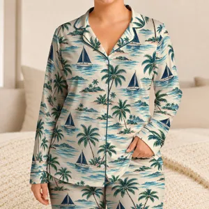 Tropical Palm Trees, Sailboats and Blue Waves for Relaxed Summer Coastal Living Style Satin Pajamas Set