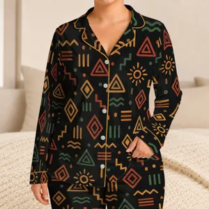 African Geometric Symbols for Relaxed Coastal Nights and Bold Weekend Lounging Style Satin Pajamas Set