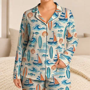Coastal Waves, Sailboats And Shells For Relaxed Seaside Vacation Days And Ocean Lovers Satin Pajamas Set