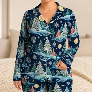 Moonlit Winter Forest and Snowflakes for Cozy Holiday Evenings and Fireside Lounging Satin Pajamas Set
