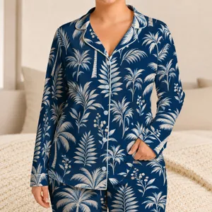 Navy Palm Fronds for Relaxed Coastal Getaways and Tropical Vacation Style All Year Satin Pajamas Set