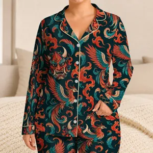 Flaming Oni Masks and Phoenix Wings for Bold Lounge Style and Distinctive Gift Giving Satin Pajamas Set