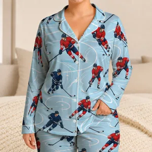 Hockey Skaters on Icy Blue Rink Lines for Cozy Winter Lounging and Game-Day Fans Satin Pajamas Set
