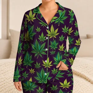 Luminous Green Cannabis Leaves for Relaxed Evenings and Cozy Lounging at Home for Adults Satin Pajamas Set