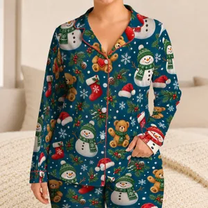 Cheerful Snowmen, Teddy Bears and Snowflakes for Cozy Christmas Eve Holiday Lounging Satin Pajamas Set