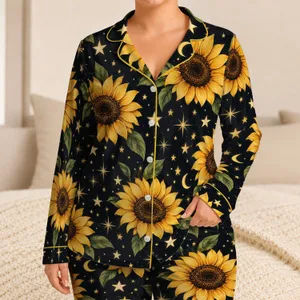 Golden Sunflowers And Starlight For Cozy Nights And Relaxed Weekend Lounging At Home Satin Pajamas Set