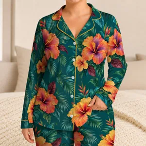 Tropical Hibiscus and Teal Foliage for Colorful Relaxed Everyday Lounging Satin Pajamas Set